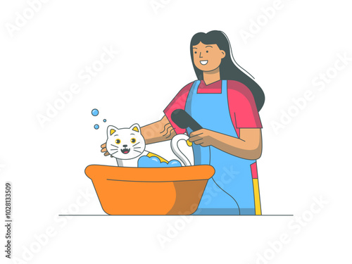 Woman is bathing her pet cat. Cats illustration. Flat vector illustration.