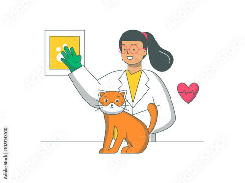 Cat is getting treatment by a vet. Cats illustration. Flat vector illustration.