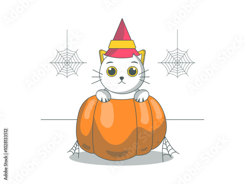 Kitten in a pumpkin. Cats illustration. Flat vector illustration.