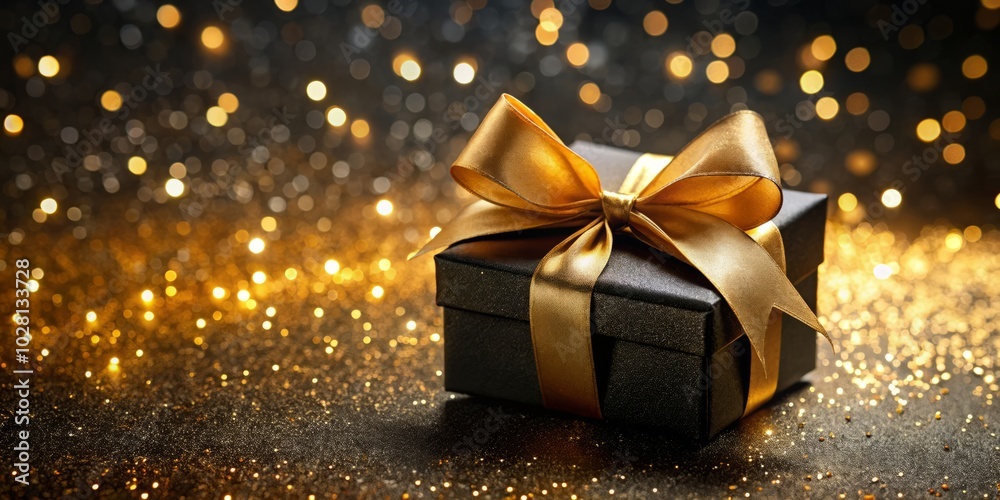 A stunning black gift box adorned with a luxurious golden satin bow, set against a sparkling black and gold backdrop, perfect for festive celebrations and special occasions.