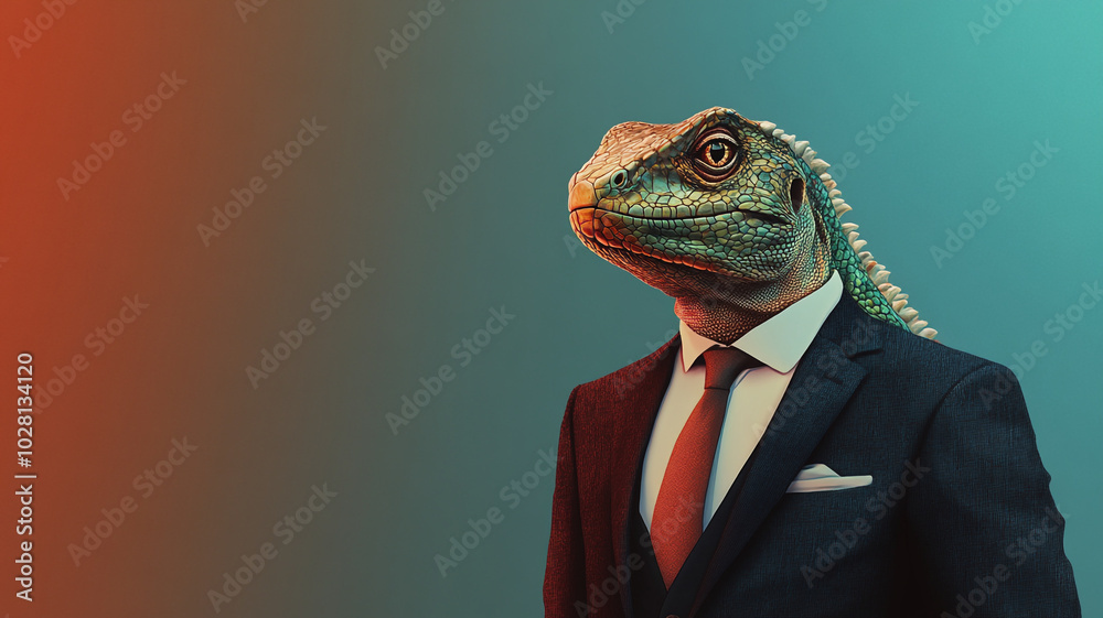 A lizard dressed in a suit poses confidently against a vibrant teal and orange background A lizard dressed in a suit poses confidently against a vibrant teal and orange background