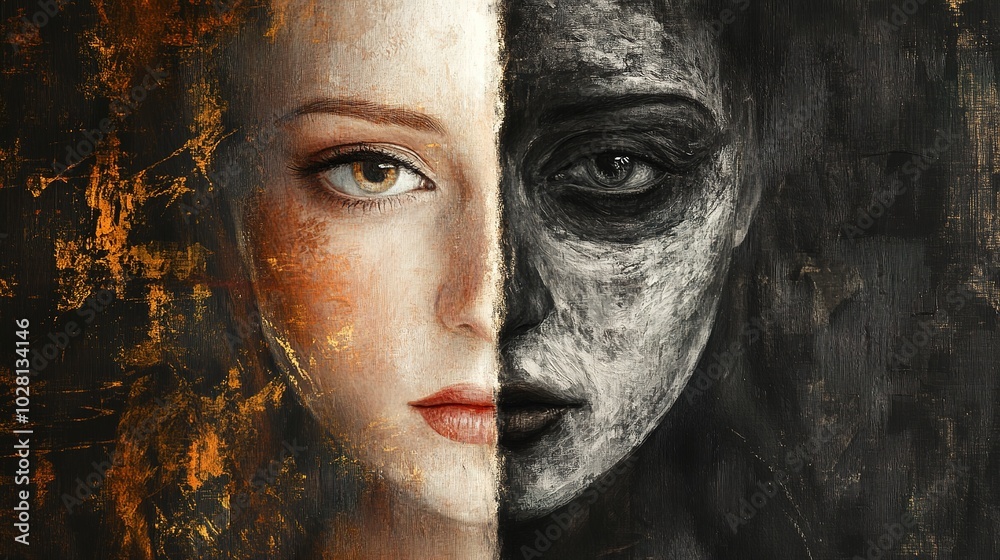 Obraz premium Conceptual portrait of a glamorous doll with a divided face, symbolizing youth and beauty on the left and aging on the right. Intricate fine art masterpiece with a desaturated color palette,