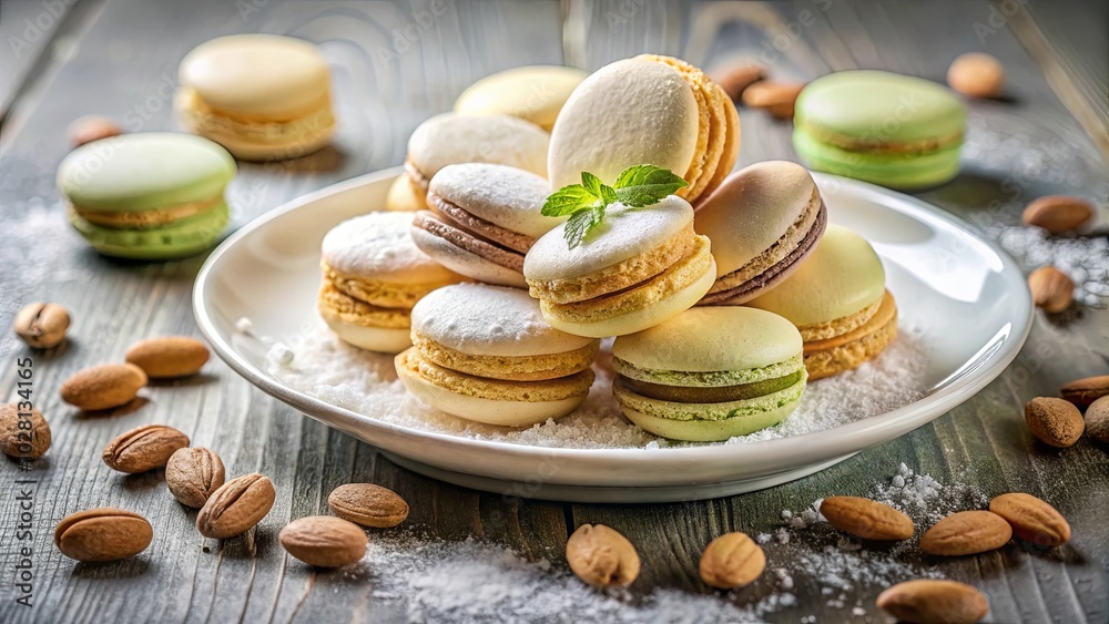 Aromatic Delights A Close-Up of Pastel-Toned Macarons on a White Plate with Scattered Almonds, Creating a Delicate and Inviting Visual Aromatic Delights A Close-Up of Pastel-Toned Macarons on a White Plate with Scattered Almonds, Creating a Delicate and Inviting Visual