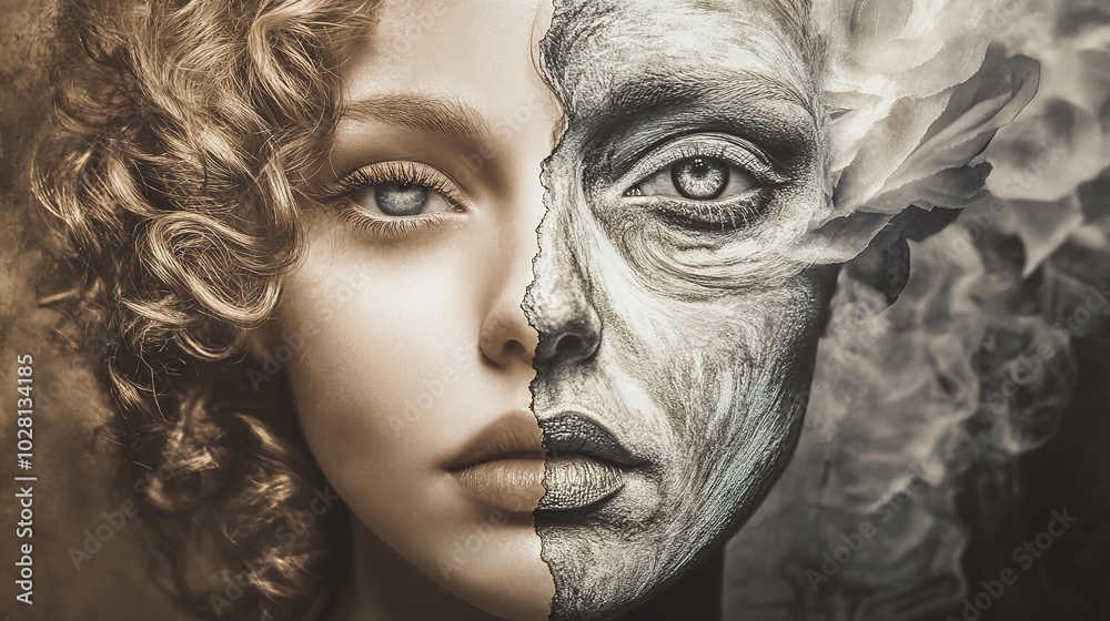 Conceptual portrait of a glamorous doll with a divided face, symbolizing youth and beauty on the left and aging on the right. Intricate fine art masterpiece with a desaturated color palette, Conceptual portrait of a glamorous doll with a divided face, symbolizing youth and beauty on the left and aging on the right. Intricate fine art masterpiece with a desaturated color palette,