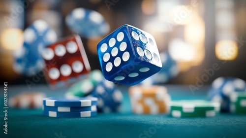 Colorful casino dice and chips floating on a green felt table. photo