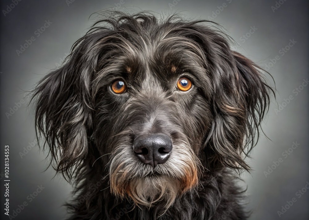 Closeup of a Scruffy Black Dog with Grey Background, Emphasizing Texture and Expression for Pet Lovers and Animal Photography Enthusiasts Closeup of a Scruffy Black Dog with Grey Background, Emphasizing Texture and Expression for Pet Lovers and Animal Photography Enthusiasts