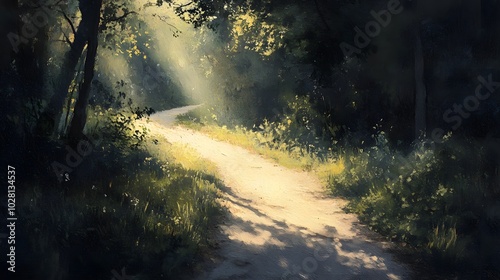 A Sunlit Path Winding Through a Dense Forest