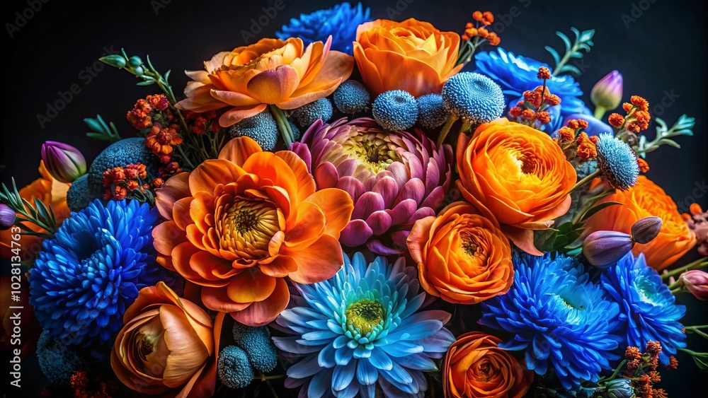 A vibrant arrangement of orange, blue, and purple blossoms, creating a symphony of colors and textures. A vibrant arrangement of orange, blue, and purple blossoms, creating a symphony of colors and textures.
