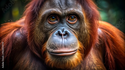 Closeup of Bornean Orangutan Face in Low Light, Capturing Reddish Brown Hair and Long Arms, Perfect for Wildlife Photography and Nature Conservation Themes