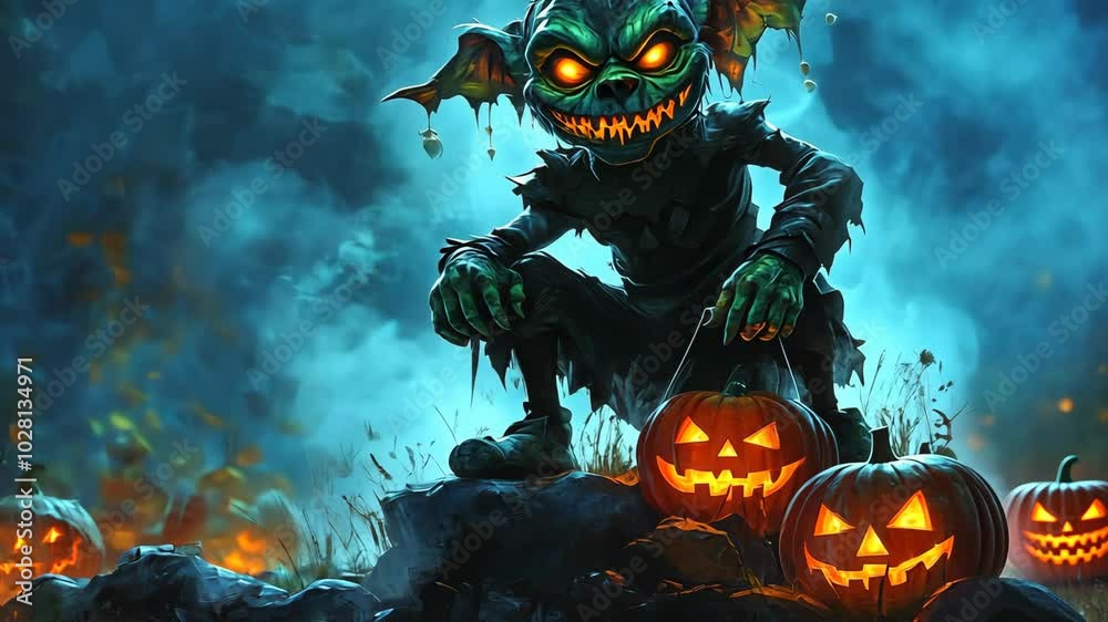 A menacing creature sits amongst glowing jack-o'-lanterns on a dark and misty Halloween night A menacing creature sits amongst glowing jack-o'-lanterns on a dark and misty Halloween night