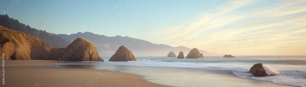A tranquil beach scene with large sea stacks, gentle waves, and a soft sunrise illuminating the horizon with warm light and pastel skies.. A tranquil beach scene with large sea stacks, gentle waves, and a soft sunrise illuminating the horizon with warm light and pastel skies..