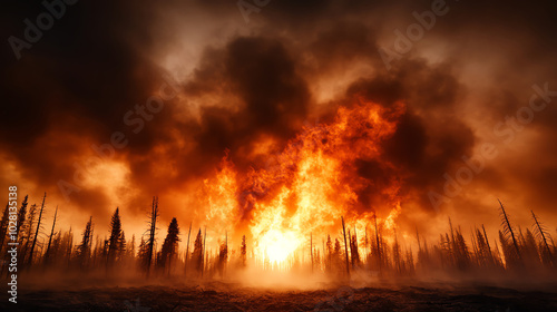 Intense wildfire with flames and smoke engulfing trees in a dramatic landscape.