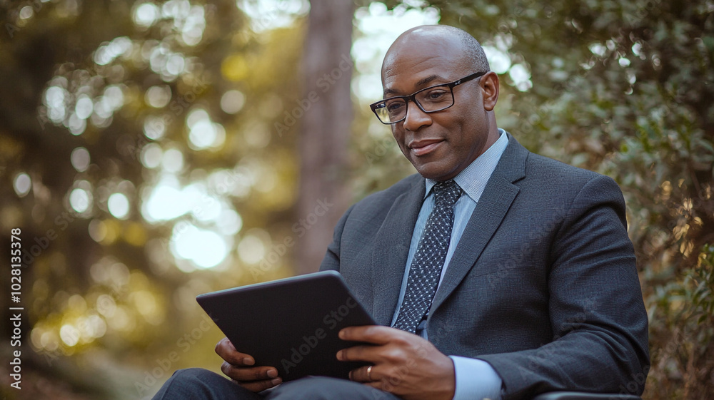 Businessman enjoying outdoor reading on a tablet in a tranquil natural setting Businessman enjoying outdoor reading on a tablet in a tranquil natural setting