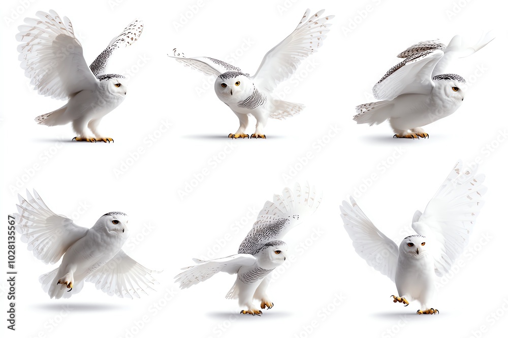 Fototapeta premium Various poses of a white owl on a white isolated background.