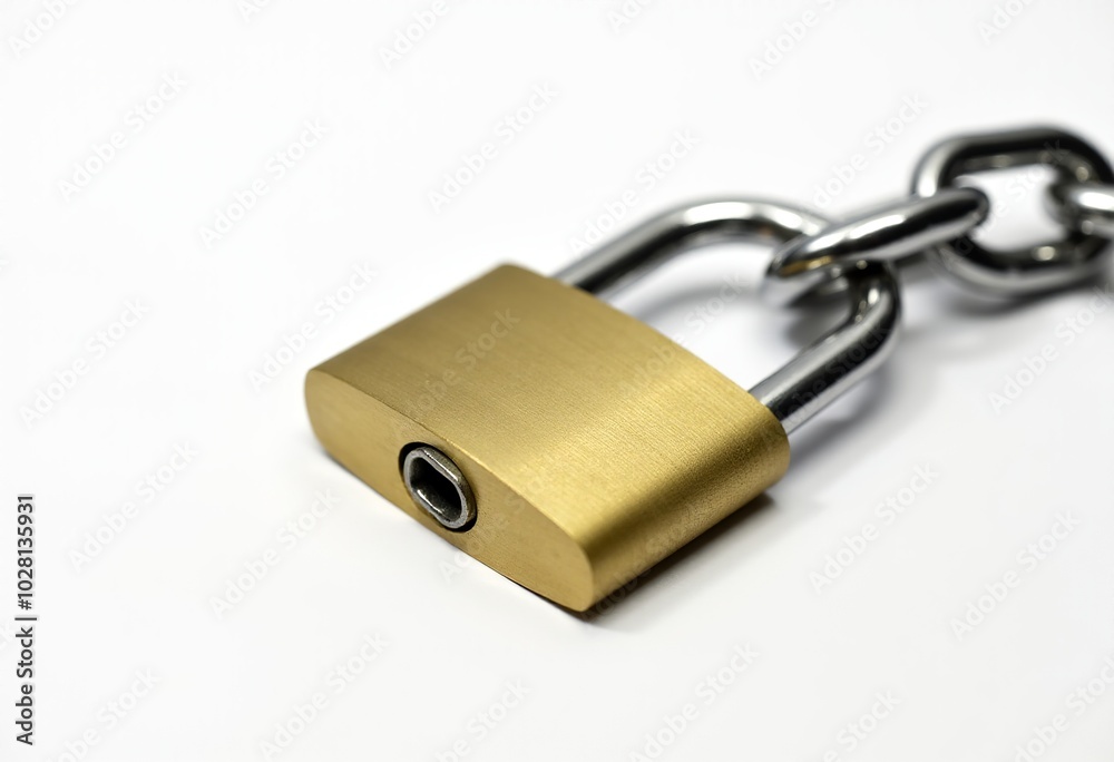 Minimalist Security Concept: Close-Up of a Locked Brass Padlock and Shiny Silver Chain with Detailed Texture Minimalist Security Concept: Close-Up of a Locked Brass Padlock and Shiny Silver Chain with Detailed Texture
