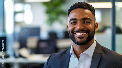 A young man in business attire smiles confidently while sitting in a bright, modern office