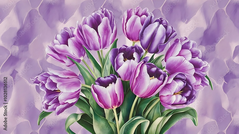 Obraz premium Purple and blue tulips watercolor illustration set. Seamless background pattern. Fabric wallpaper print texture.