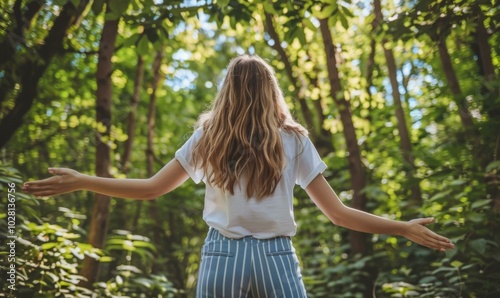 A woman in striped shirt standing on a path surrounded by trees. AI.