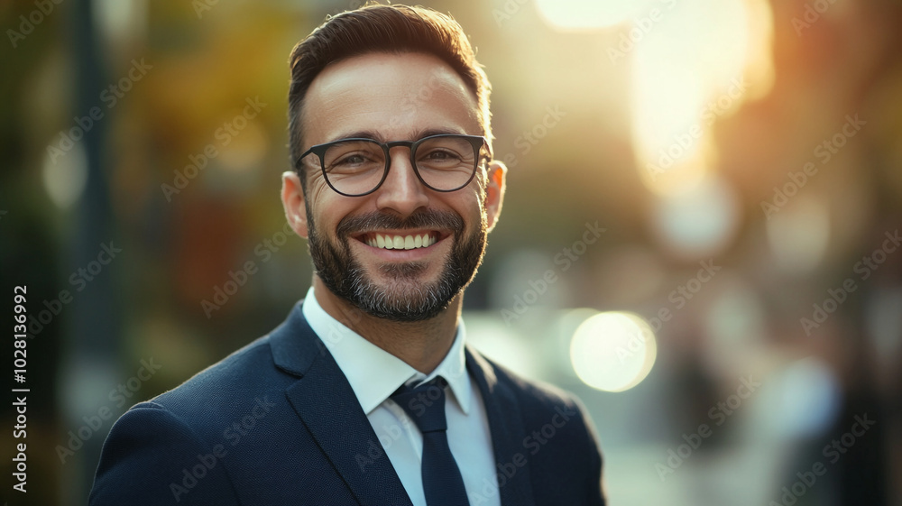 Confident man smiling in a suit during sunset in an urban setting with blurred background Confident man smiling in a suit during sunset in an urban setting with blurred background