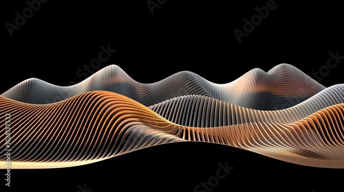Wallpaper Abstract parametric wavy structure forming a mountain range on black background, useful as a wallpaper