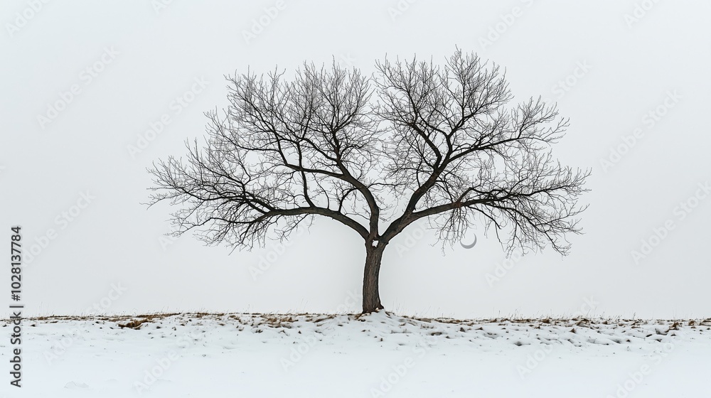 Fototapeta premium Bare Tree with Reaching Branches in Winter Landscape