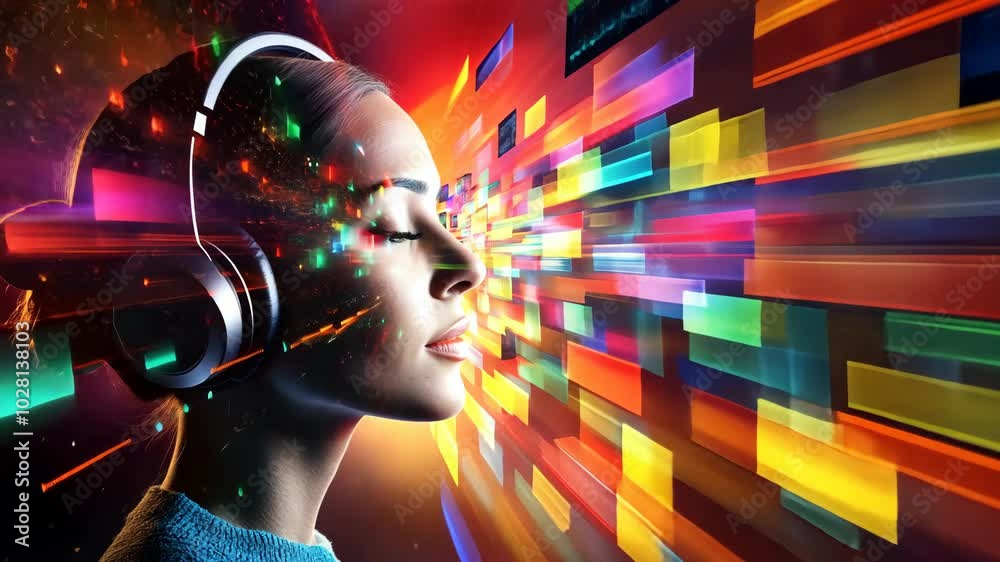 A woman wearing headphones with her eyes closed stands in front of a colorful, abstract background A woman wearing headphones with her eyes closed stands in front of a colorful, abstract background