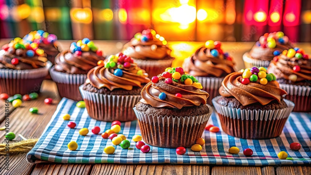 Chocolate cupcakes with colorful sprinkles on a blue and white checkered tablecloth, surrounded by scattered colorful candies. Chocolate cupcakes with colorful sprinkles on a blue and white checkered tablecloth, surrounded by scattered colorful candies.