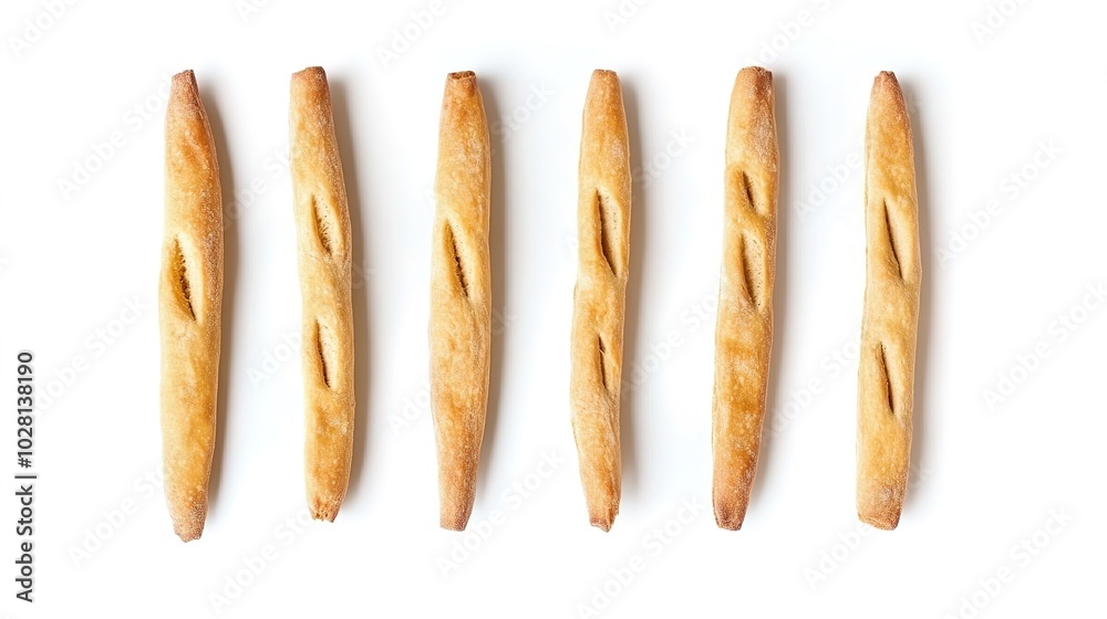 Freshly baked crispy bread sticks isolated on white background, top view, perfect for bakery or food product advertising, delicious snack concept. Freshly baked crispy bread sticks isolated on white background, top view, perfect for bakery or food product advertising, delicious snack concept.
