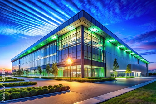 Futuristic AI Logistics Center Under a Clear Blue Sky - Night Photography