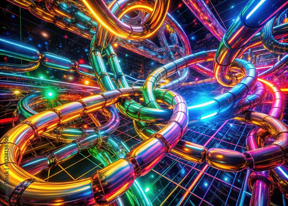 Futuristic Neon Chains with Digital Patterns for Abstract Technology Landscape Photography Futuristic Neon Chains with Digital Patterns for Abstract Technology Landscape Photography