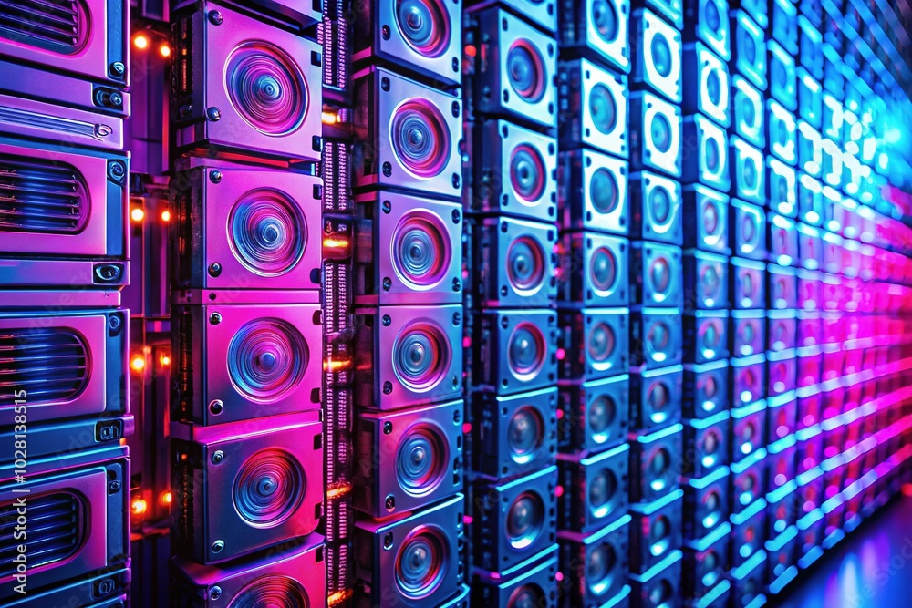 Futuristic Rows of Hard Drives with Neon Lighting - Advanced Technology Product Photography Futuristic Rows of Hard Drives with Neon Lighting - Advanced Technology Product Photography