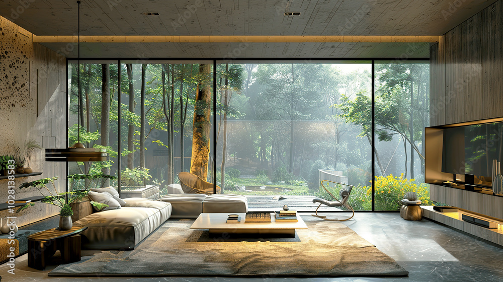 Modern living room with large windows and serene view Modern living room with large windows and serene view
