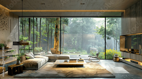 Modern living room with large windows and serene view