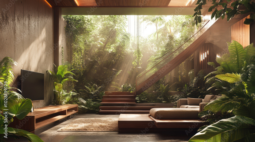 A living room with a wooden staircase design interior A living room with a wooden staircase design interior
