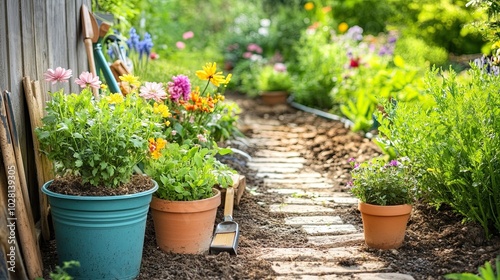 Gardening Tools and Flowerpots Arranged on a Sunny Garden Path: Bright and Inviting Outdoor Space for Home Gardening Activities