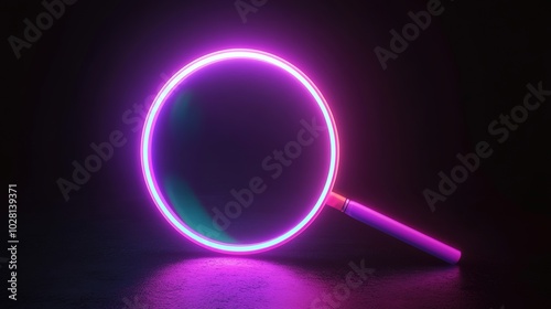 A glowing magnifying glass in neon colors, illuminating the surrounding space with its vibrant light. The magnifying glass is detailed, with a sleek, modern design and glowing edges, 