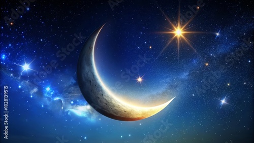 Crescent Moon in Vibrant Blue Sky - Captivating Nighttime Beauty for Stock Photography