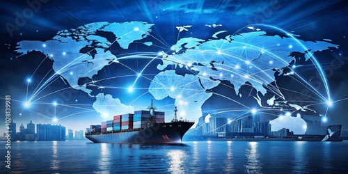 Fototapeta Naklejka Na Ścianę i Meble -  A digital world map of interconnected lines and glowing points, symbolizing global trade and communication, with a container ship sailing on a blue body of water in the foreground.