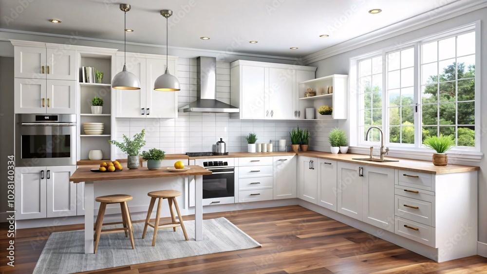 A modern kitchen with white cabinets, wooden countertops, and a stainless steel range hood. There are two pendant lights hanging above a wooden table with two wooden stools and a rug underneath. A modern kitchen with white cabinets, wooden countertops, and a stainless steel range hood. There are two pendant lights hanging above a wooden table with two wooden stools and a rug underneath.