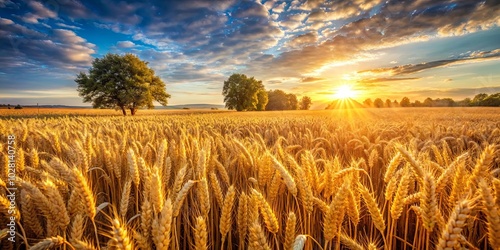 Golden Wheat Field at Sunset, Bathed in Warm Sunlight, a Serene Landscape of Nature's Bounty