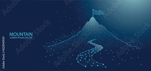 Digital illustration of a mountain with a flag at the summit, connected by glowing dots and lines. A winding path symbolizes progress in this futuristic, tech-inspired design.