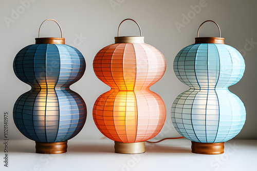 Chinese red, orange, blue lanterns on white background. Realistic paper lamp template pattern. New Year's Day according to calendar. Decorate festival City Chinatown town Interior or public decoration photo