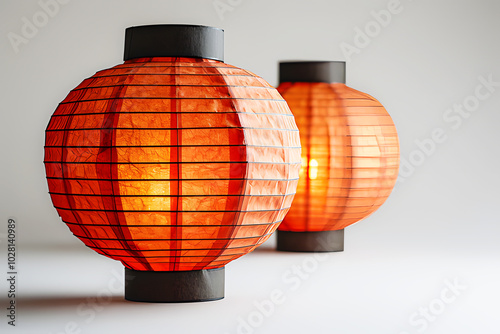 Chinese red, orange lanterns on pastel background. Realistic paper lamp template pattern. New Year's Day according to calendar. Decorate festival City Chinatown town. Interior or public decoration. photo