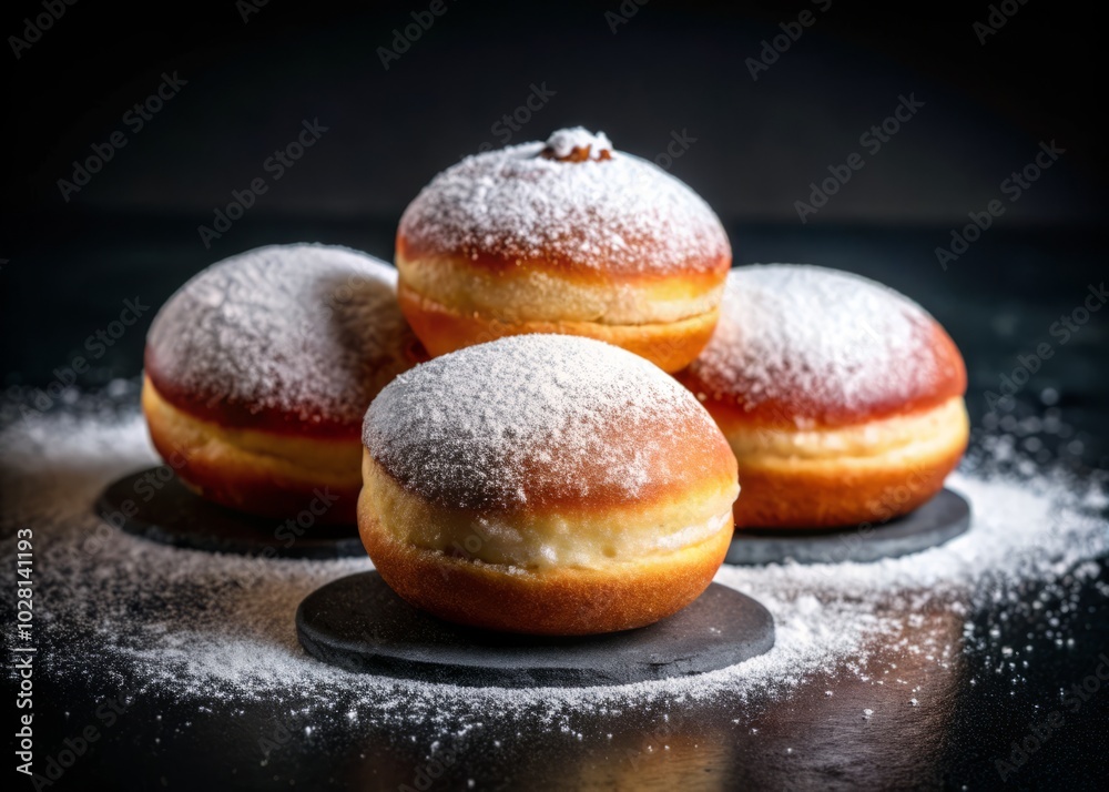 Delicious Sufganiyot: Traditional Jewish Donuts with Powdered Sugar on Black Background - Captivating Tilt-Shift Photography for Culinary and Holiday Themes Delicious Sufganiyot: Traditional Jewish Donuts with Powdered Sugar on Black Background - Captivating Tilt-Shift Photography for Culinary and Holiday Themes