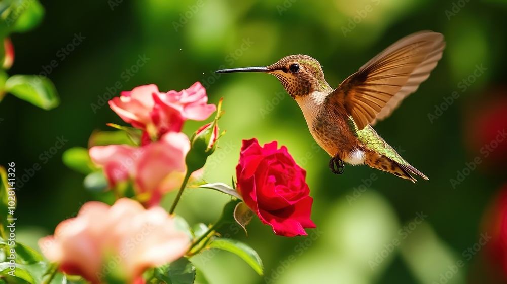Obraz premium A vibrant hummingbird flitting among lush garden roses, its iridescent feathers shimmering in the sunlight as it hovers gracefully over the blossoms. The soft petals of the roses are in full bloom,