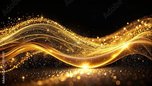 A wave of shimmering gold dust creates a luminous, ethereal glow against a backdrop of deep, velvety black. photo