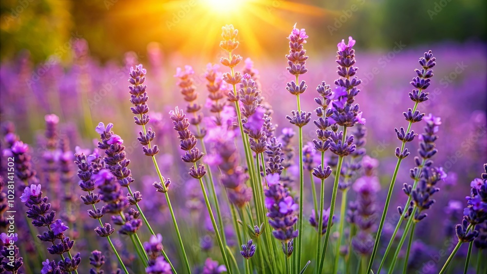 A symphony of lavender blooms bathed in golden sunlight, creating a mesmerizing tapestry of purple hues.