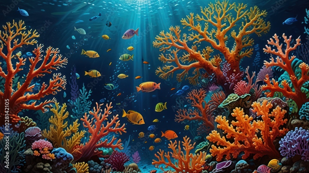 Naklejka premium A vibrant underwater scene with a colorful array of coral reefs and fish swimming in the clear blue water. Sunlight streams through the surface, illuminating the scene.