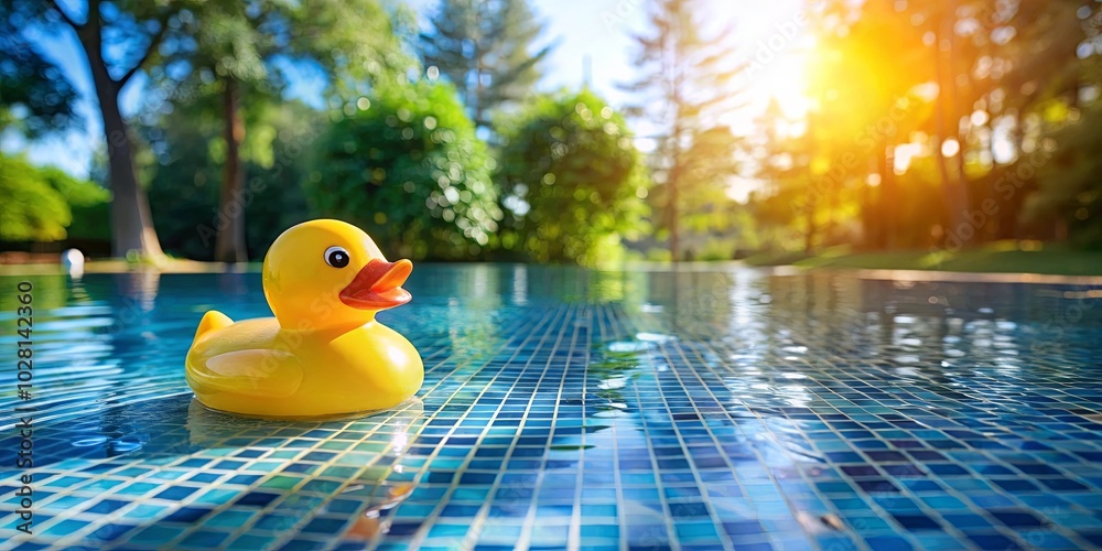 A yellow rubber duck floats on a calm pool surface, basking in the golden rays of the setting sun, while the surrounding foliage creates a picturesque backdrop. A yellow rubber duck floats on a calm pool surface, basking in the golden rays of the setting sun, while the surrounding foliage creates a picturesque backdrop.