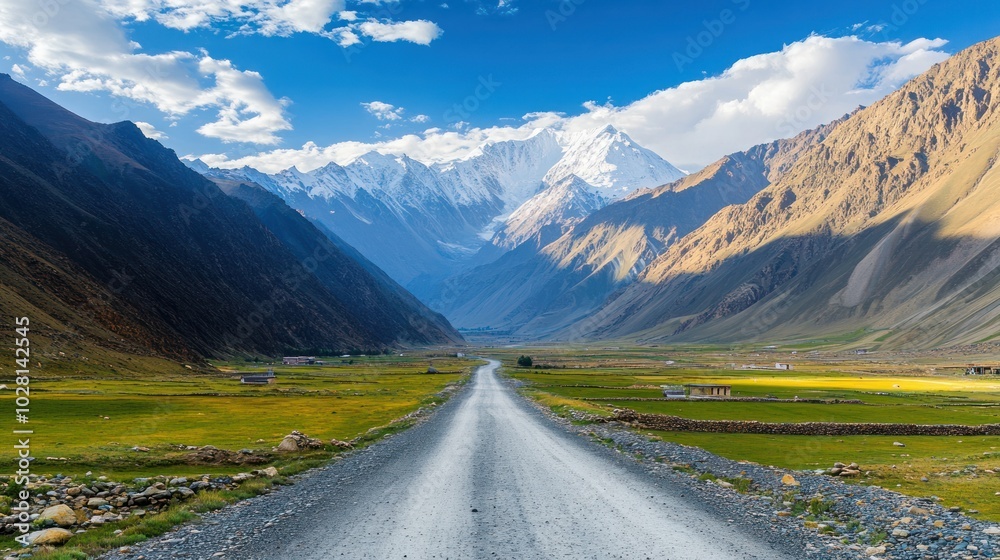Fototapeta premium Road through mountains for spiritual journeys, featuring a tranquil mountain road leading to monasteries or meditation retreats, symbolizing a peaceful journey of self-discovery and spiritual growth.